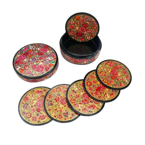 Vintage Paper Mache Traditional Kashmiri 6 Piece Coaster Set & Box - Picture 1 of 6